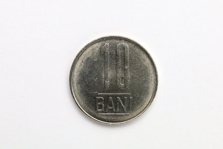 Close-up of romanian 10 bani coin with minimalistic design.