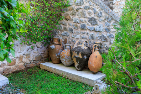 Antique clay vases. Background with selective focus and copy space for text.の写真素材