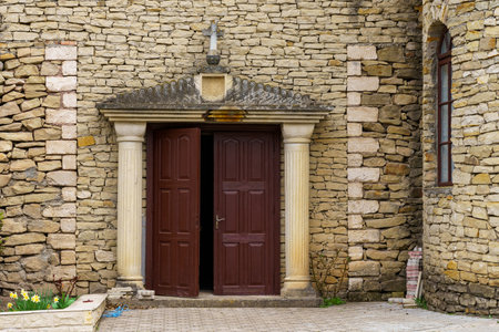 Wooden door. Background with selective focus and copy space for textの写真素材