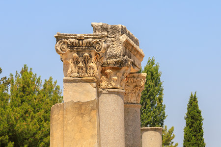 Ruins of ancient architecture. Cultural heritage of humanity. Library of Celsus. Background with selective focus and copy spaceの写真素材