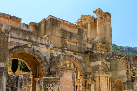 Ruins of ancient architecture. Cultural heritage of humanity. Library of Celsus. Background with selective focus and copy spaceの写真素材