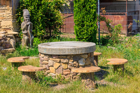Table in the park. Background with selective focus and copy space for textの写真素材