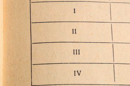 Roman numerals i to iv on aged paper document page.の写真素材