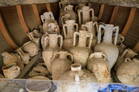 Antique clay vases. Background with selective focus and copy space for text.