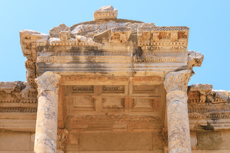 Ruins of ancient architecture. Cultural heritage of humanity. Library of Celsus. Background with...