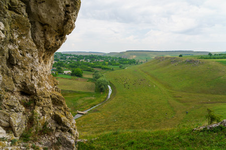 Hilly valley. Background with selective focus and copy space for text.