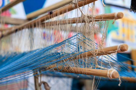 Antique loom. Background with selective focus and copy space for textの写真素材