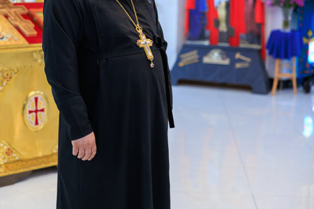 Priest in the church. Background with selective focus and copy space for textの写真素材