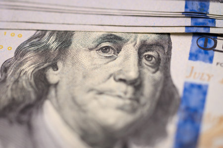 Close-up of benjamin franklin on us 100 dollar bill.の写真素材