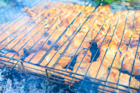 A grill full of food is cooking over a fire. The food is mostly chicken, but there are also some vegetables. The grill is covered in smoke, giving the scene a smoky, rustic feelの写真素材