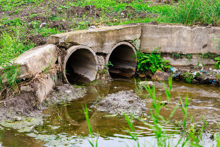 A dirty, muddy ditch with two pipes coming out of it. The water is murky and the grass is overgrownの写真素材