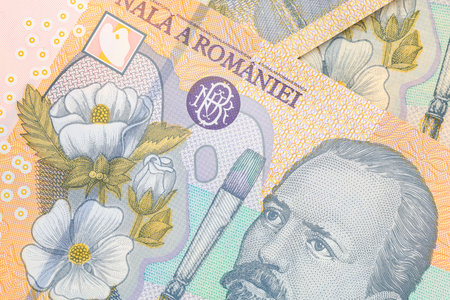 Close-up of romanian currency featuring art and floral design.の写真素材