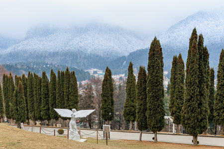 Statue with wings in misty mountain landscape and tree lined pathway.の写真素材