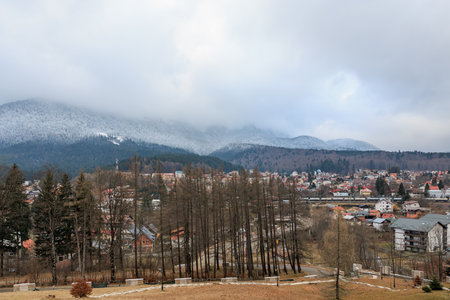 Cloudy mountain landscape overlooking snow-capped peaks and forest in quaint town.の写真素材