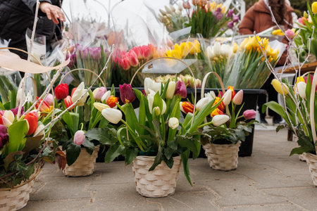 A bunch of flowers are displayed in baskets on a sidewalk. The flowers are of different colors and...