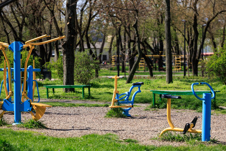 Outdoor fitness equipment in sunny park with greenery.の写真素材