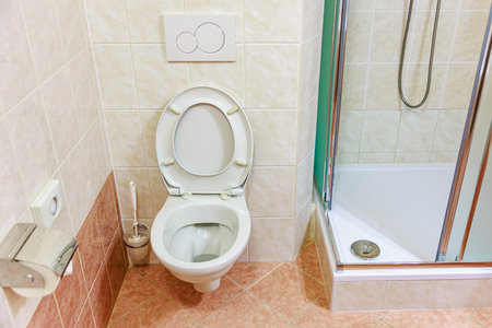 Modern bathroom interior with toilet bowl, shower, and hygiene accessories.の写真素材