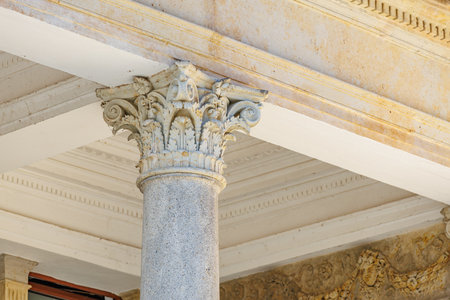 Ornate corinthian column with detailed capital in classic architecture.