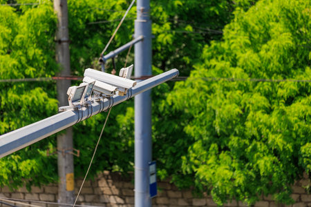 Surveillance cameras mounted on pole with lush greenery in background.