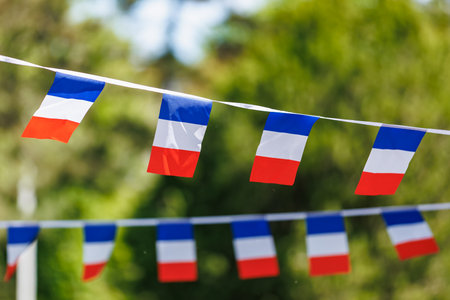Colorful french flags bunting on a sunny day.の写真素材