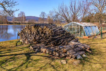 Woodpile beside lake with greenhouse and scenic landscape.