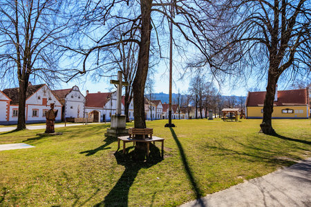 Quiet european village square with historic buildings and leafless trees.