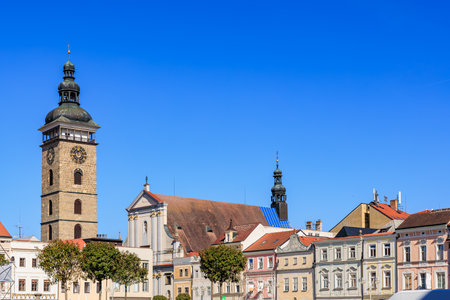 Historic architecture and churches in ceske budejovice with clear sky.の写真素材