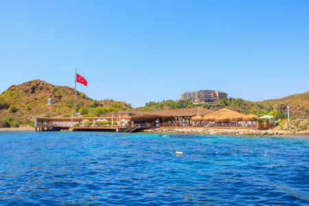 Resort pier for relaxation on the seashore. Background with selective focus and copy space for textの写真素材