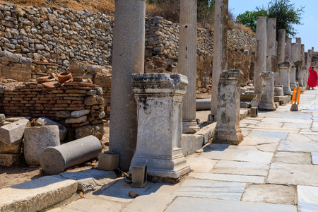 Ruins of ancient columns. Background with selective focus and copy space for textの写真素材