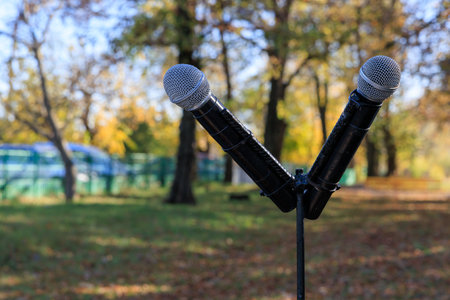 Two microphones are attached to a pole in a park. The microphones are black and silver. The park is empty and the sky is blueの写真素材