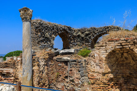 Antique stone arch. Background with selective focus and copy space for textの写真素材