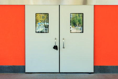Doors of an emergency room in a hospital. Background with selective focus and copy space for text