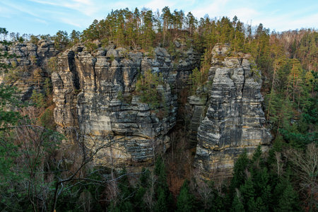 Majestic rock formations surrounded by lush forest in saxon switzerland national park.の写真素材