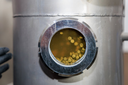 Brewery equipment with hops pellets in fermentation tank sight glass.