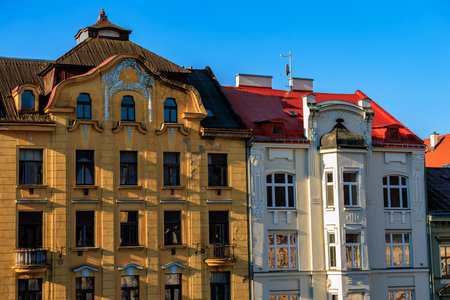 Colorful historic european architecture with intricate details under clear sky.の写真素材