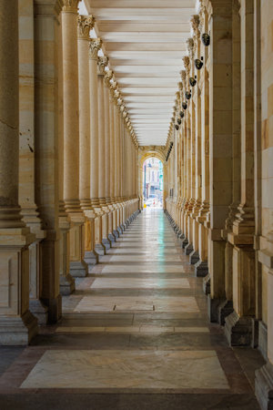 Majestic corridor lined with stone columns and arched ceiling in sunlit architectural passage.の写真素材