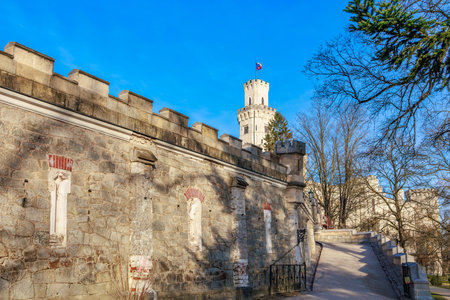 Historic stone castle with tower under clear blue sky in winter landscape.の写真素材
