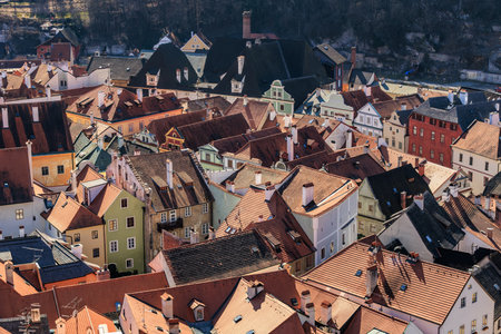 Charming european townscape with colorful rooftops and historical architecture, Cesky Krumlov in Czech Republic.の写真素材