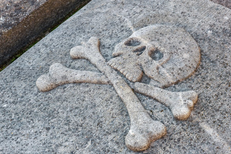 Ancient stone carving of skull and crossbones on weathered tombstone.の写真素材