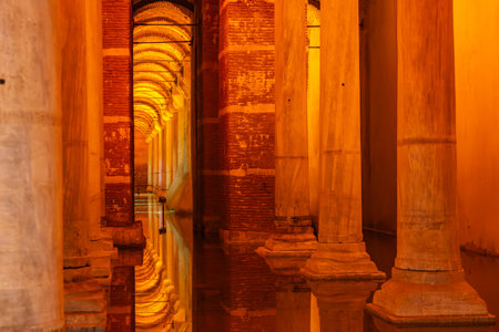 Ancient underground cistern with illuminated columns and reflective water surface.の写真素材
