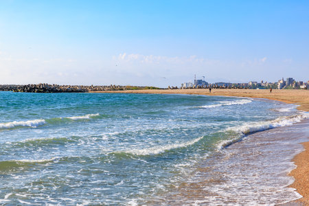 Sunny day at serene beachfront with gentle waves and clear blue sky.