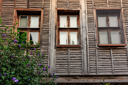 Rustic wooden house exterior with purple flowers and vintage windows.の写真素材