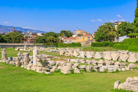 Ancient ruins with clear blue sky background. Authentic ancient Smyrna ruins in Izmir, Turkey.の写真素材