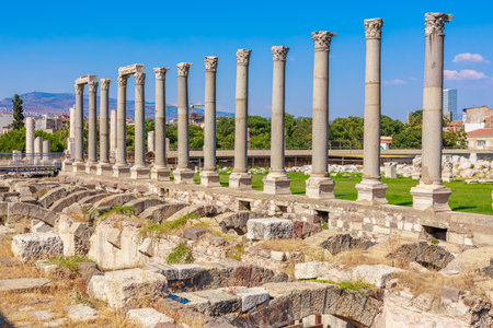 Ancient iconic corinthian columns. Authentic ancient Smyrna ruins in Izmir, Turkey.の写真素材