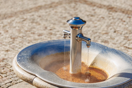 Close-up of public drinking fountain with dual spouts and flowing water.の写真素材