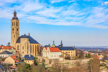 Historical european cityscape featuring gothic cathedral under blue sky.. March 22, 2025, Kutna Hora, Czech Republic.のeditorial素材