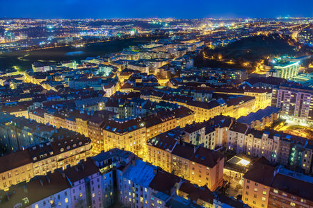 Aerial view of prague at night illuminated streets and buildings. March 22, 2025 Prague Czechia.のeditorial素材
