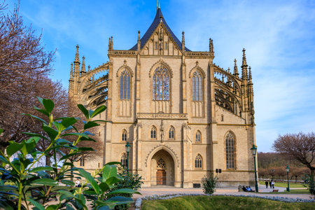 Gothic cathedral architecture with scenic gothic spires and stained glass windows.. March 22, 2025, Kutna Hora, Czech Republic.のeditorial素材
