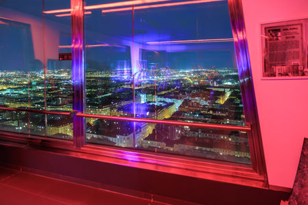 Panoramic night view of cityscape from illuminated observation deck. March 22, 2025 Prague Czechia.のeditorial素材