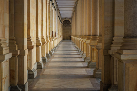 Majestic stone colonnade with symmetrical perspective in historic building.